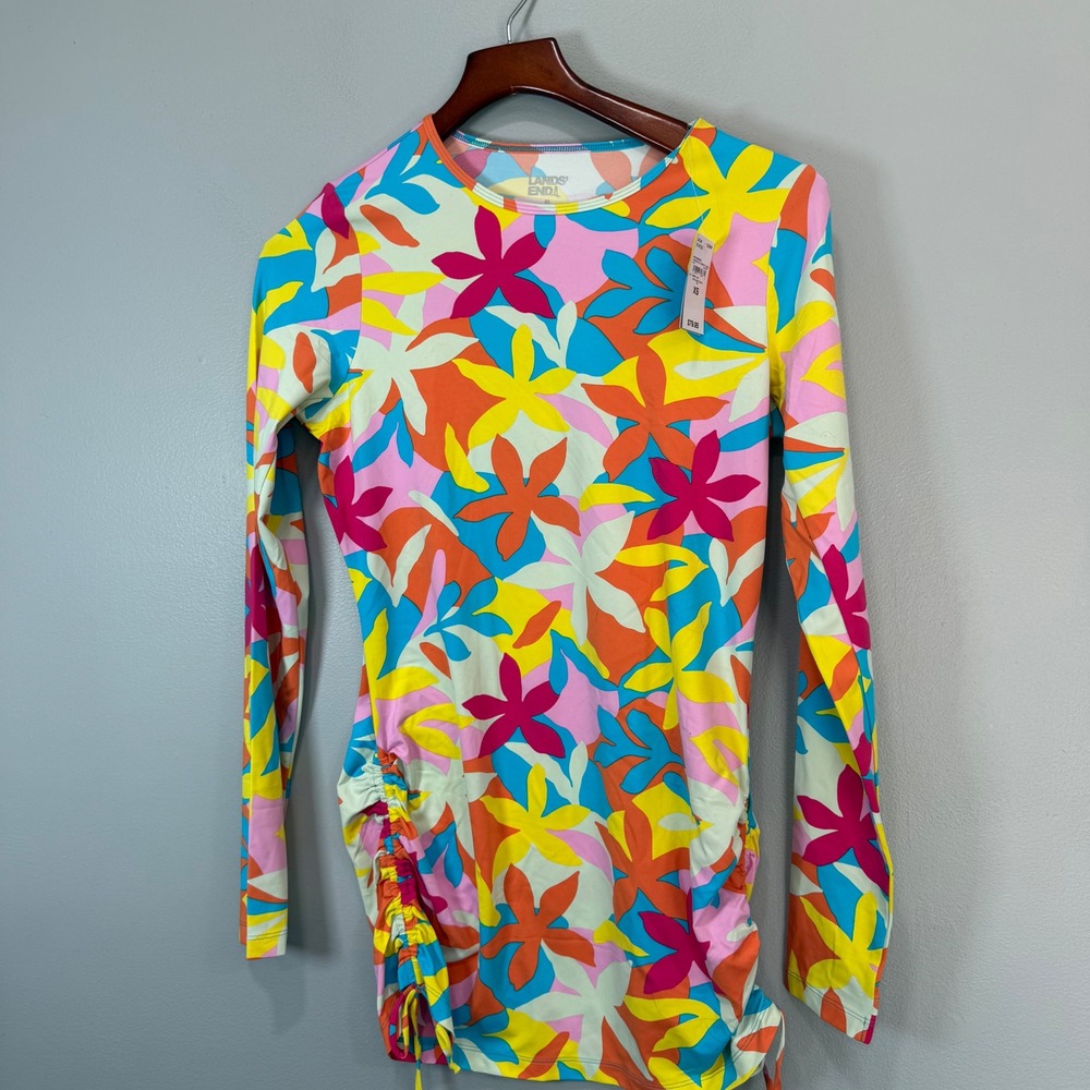 Lands End Womens XS Floral UPF 50 Rash Guard Swim Tunic Turquoise Multi 523851‎